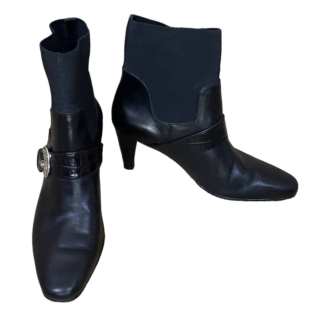 Brighton Rosita Pull On Ankle Boots Black Leather Silver Buckle Size 8.5 Narrow